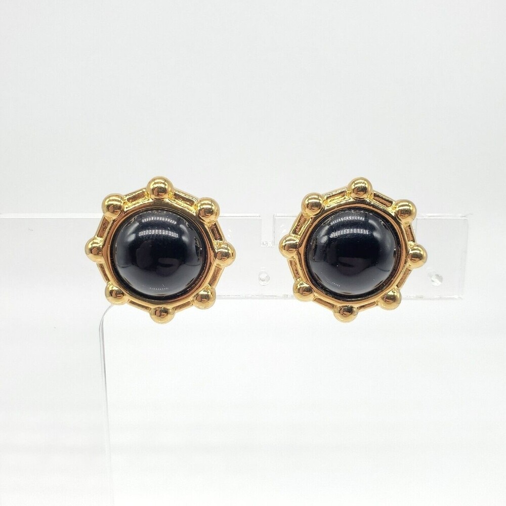 Vintage Monet Signed Designer Black Enamel Gold Porthole Clip On Earrings Runway
